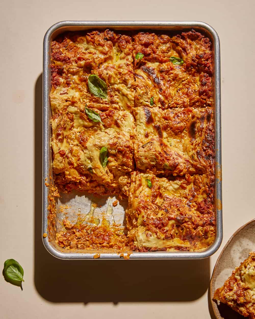 vegan lentil lasagne in a tray