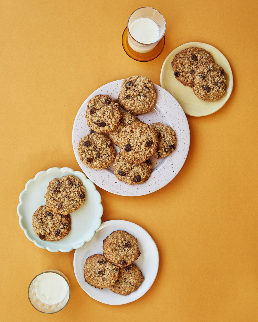 overhead of four plates of vegan oatmeal raisin cookies and two glasses of oat milk on an orange background
